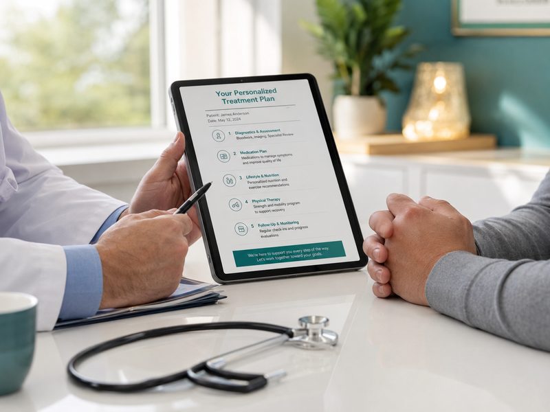 Doctor reviewing a personalized treatment plan with a patient on a tablet